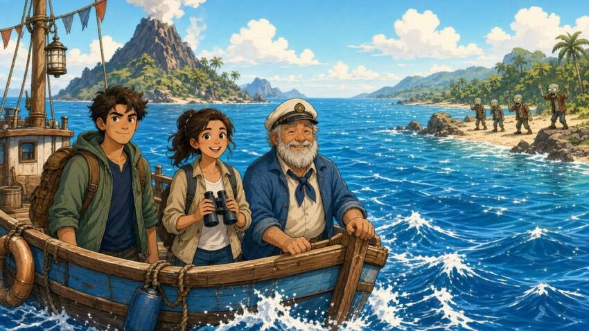 Bright comic illustration of three survivors on a boat sailing from sunny islands toward a coast with clumsy cartoon zombies