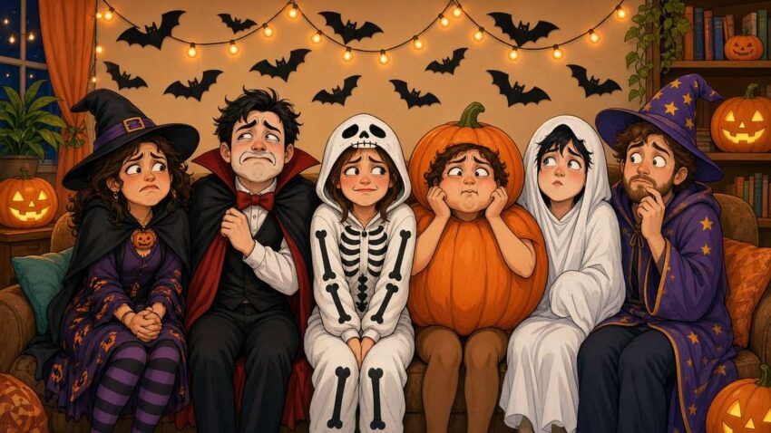 Bright comic illustration of six costumed comedians on a Halloween sofa trying not to laugh