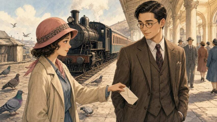 Sunny comic illustration of a young woman in a 1930s hat slipping an envelope near a man in a three-piece suit on a steam train platform