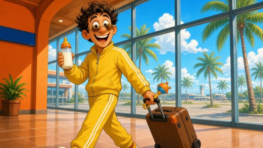 Cheerful comic illustration of a fictional grinning man in a yellow tracksuit with a suitcase, baby bottle and rattle in a sunny airport hall