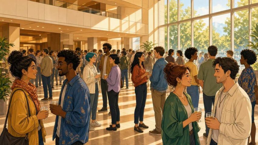 Bright comic illustration of anonymous film-festival guests gathering in a sunlit cinema lobby with soft golden light and warm pastels