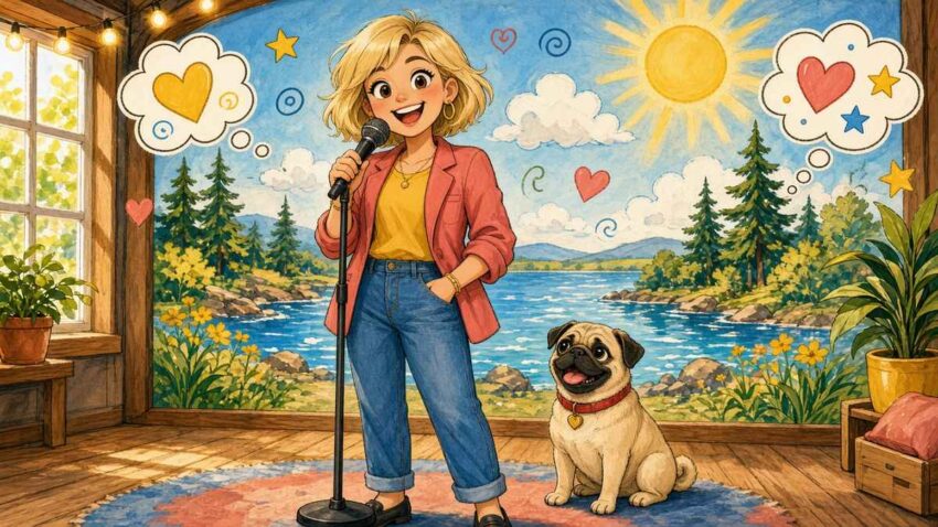 Bright comic illustration of a cheerful cartoon comedian with a microphone on a cozy stage beside a pug, with a sunny lake mural and doodle thought bubbles