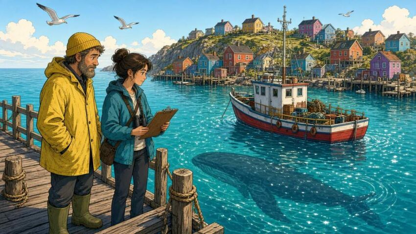 Bright comic illustration of a fisherman and a marine researcher on a sunny harbor dock watching a mysterious shadow beneath the water