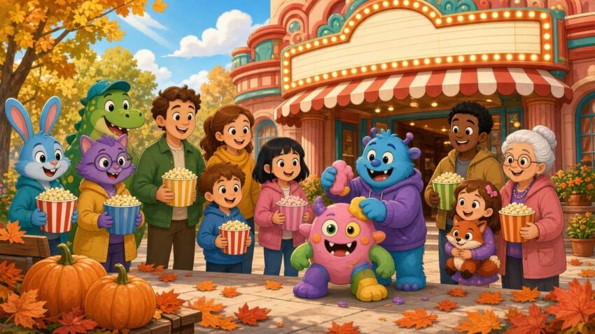 Bright comic illustration of a cheerful cartoon crowd with popcorn outside a colorful retro cinema while a friendly character molds a playful clay monster among autumn pumpkins