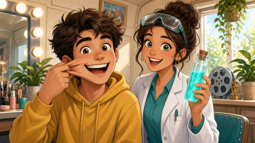 Bright comic illustration of a smiling cartoon actor stretching his clay-like cheek next to a cheerful scientist holding a glowing vial in a sunny makeup trailer