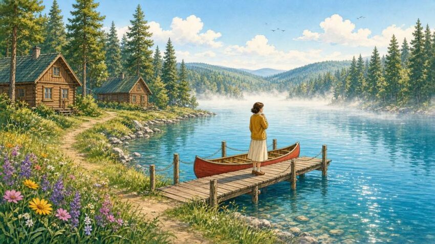 Sunny comic illustration of a woman standing on a wooden dock by a sparkling lake at a pine-forest summer camp