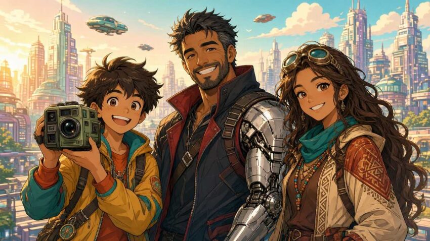 Bright comic illustration of a cheerful kid with a retro camera, a smiling mercenary with a robotic arm and a nomad woman in a sunny futuristic city
