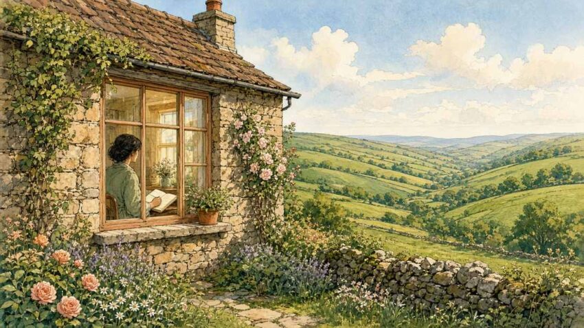 Bright comic illustration of a sunlit Yorkshire moor cottage with soft green hills and warm afternoon light