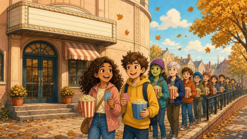 Bright comic illustration of smiling cartoon moviegoers with popcorn lining up outside a sunny small-town cinema on an autumn afternoon