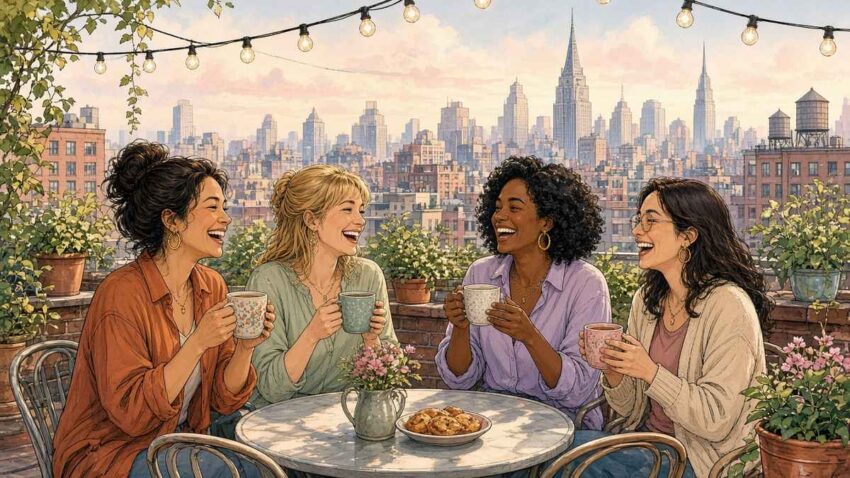 Bright comic illustration of four friends around forty sharing coffee on a sunny Brooklyn rooftop terrace with a pastel city skyline