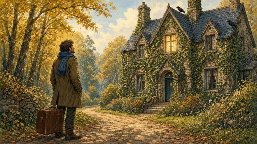 Bright comic illustration of a writer with a vintage suitcase in front of an ivy-covered country hotel in a golden autumn forest