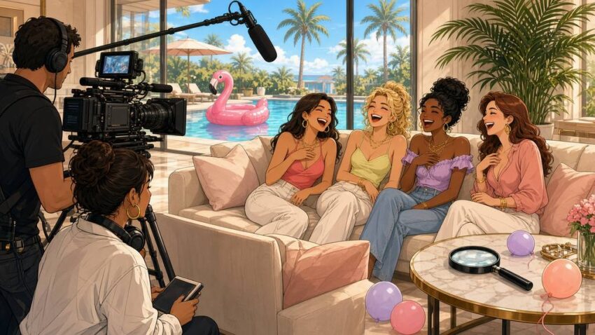 Sunny comic illustration of a reality TV crew filming friends laughing on a sofa in a bright villa with a pool