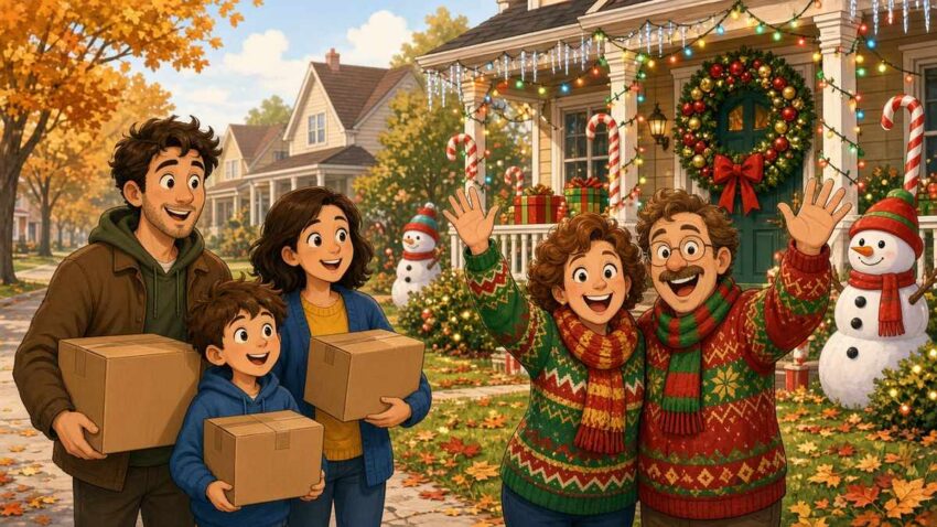 Cheerful comic illustration of a new family with moving boxes and their festive neighbors waving in front of a house covered in holiday lights on an autumn street