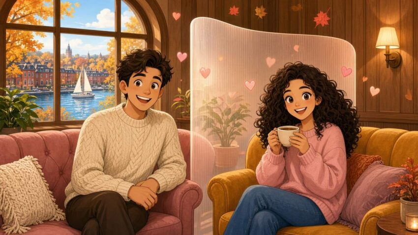 Bright comic illustration of two smiling cartoon singles on either side of a glowing frosted wall in a cozy pod lounge with an autumn harbor view