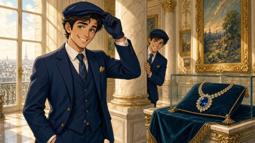 Bright comic illustration of a smiling cartoon gentleman thief tipping his cap in a sunlit Paris museum while a look-alike peeks from behind a column