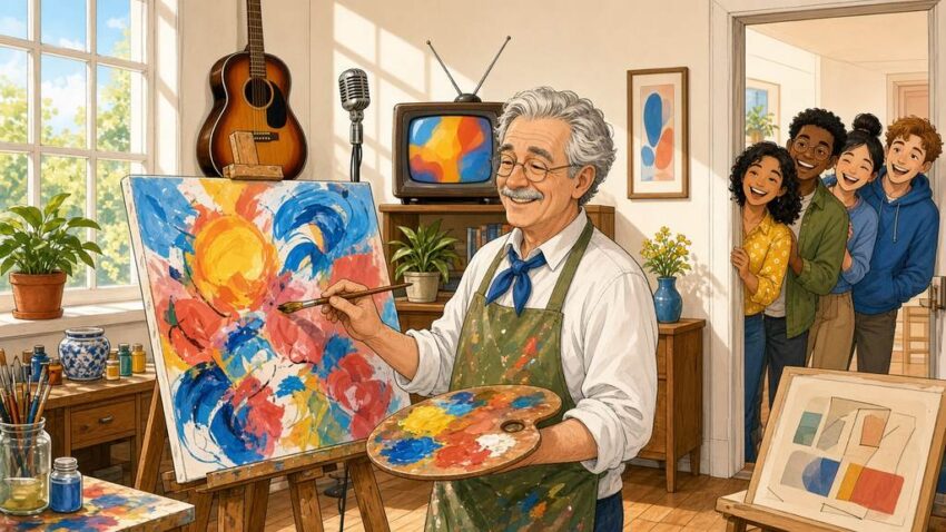Sunny comic illustration of a cheerful older artist painting in a studio with a guitar and retro TV