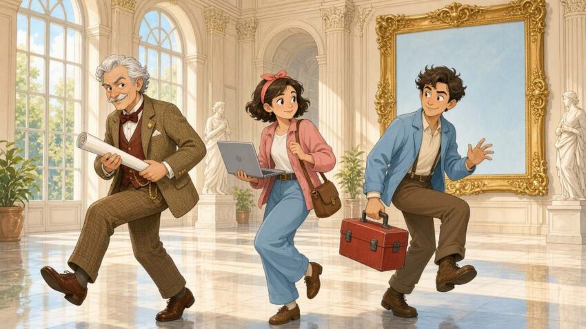 Bright comic of a cheerful three-person heist crew tiptoeing through a sunlit museum gallery past an empty golden picture frame