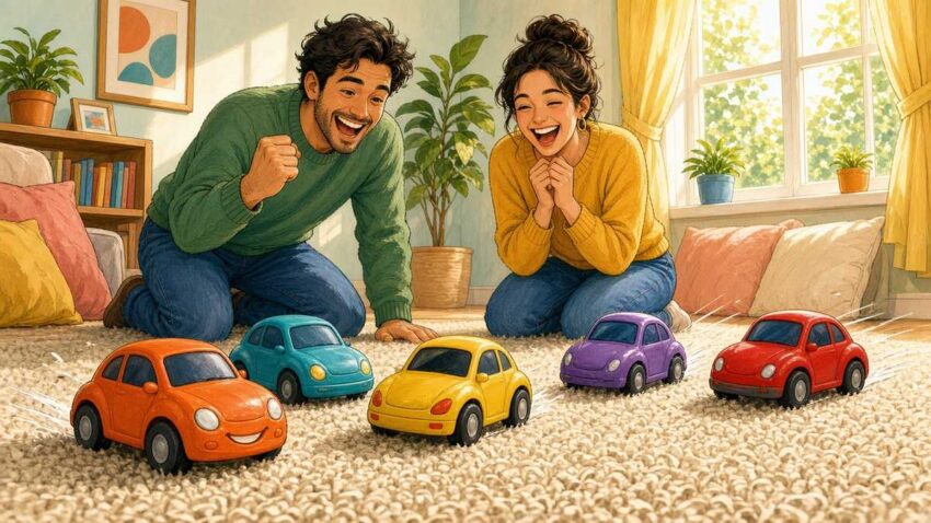 Bright comic of colorful toy cars racing on a sunny living-room carpet while friends cheer in soft daylight