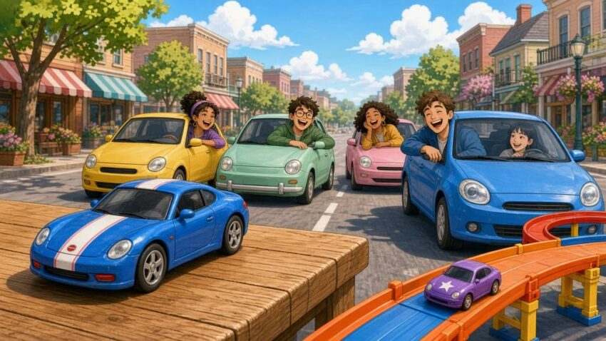 Bright comic illustration of friends racing colorful cars past a giant toy car