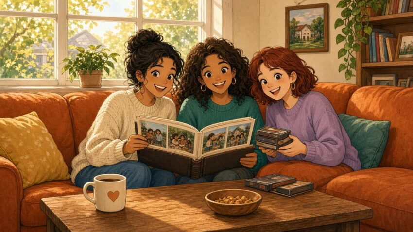 Warm comic illustration of three fictional friends smiling over a family photo album on an orange couch