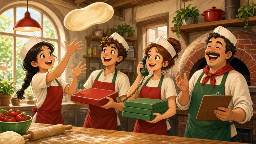 Bright comic illustration of smiling cartoon teens in aprons and paper hats tossing dough and juggling pizza boxes in a sunny pizzeria with a laughing manager