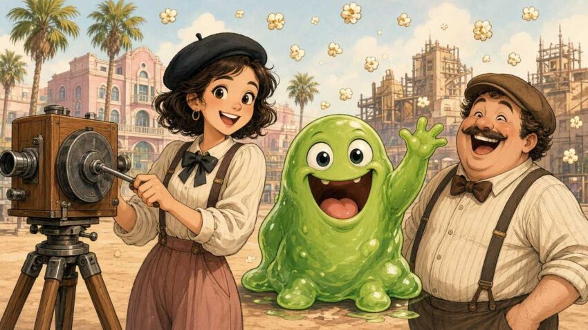 Bright comic illustration of a fictional smiling film director with a vintage movie camera, a friendly green blob monster and a laughing cameraman on a sunny 1920s studio backlot