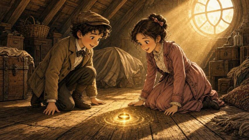 Bright comic illustration of two children in Edwardian coats discovering a glowing golden ring on a sunny attic floor