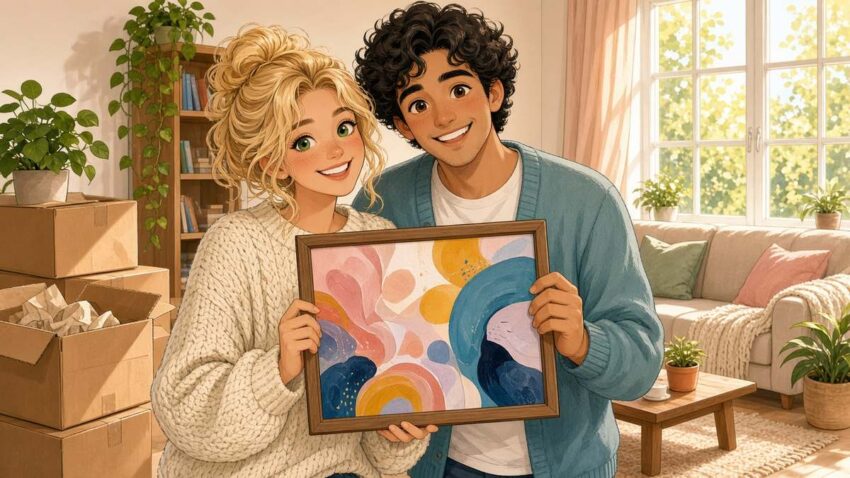 Bright comic illustration of a smiling cartoon couple unpacking moving boxes and holding up a painting in a sunny living room