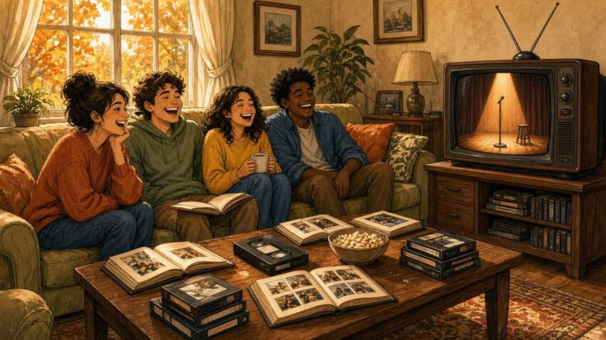 Bright comic of friends laughing on a sofa in a sunlit living room while a vintage TV shows an empty comedy stage with a microphone