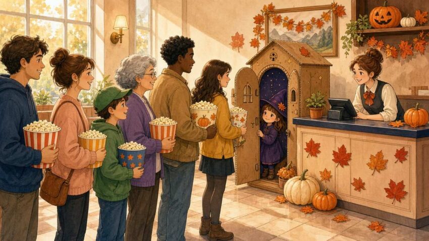 Bright comic illustration of cheerful moviegoers with popcorn lining up in an autumn-decorated theater lobby while a little girl peeks out of a wardrobe display