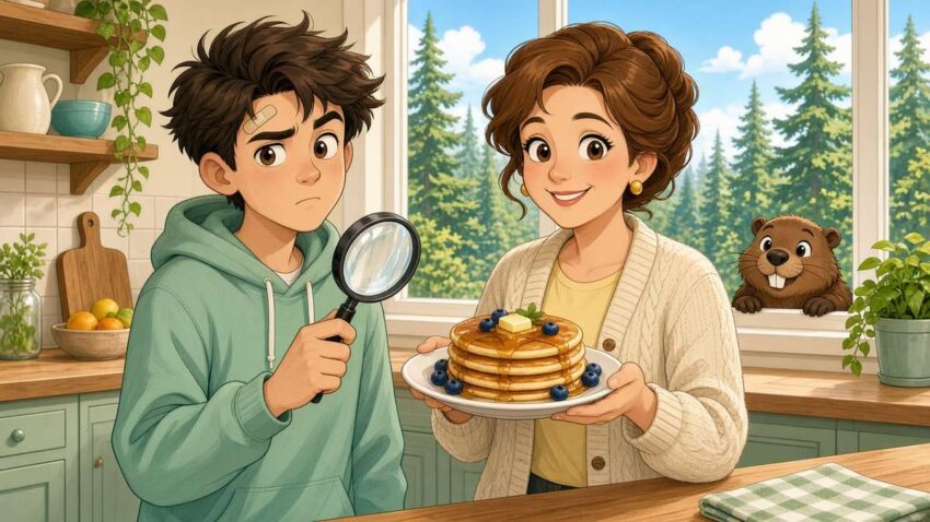 Bright comic illustration of a suspicious teenager with a magnifying glass next to his smiling mother holding pancakes, a beaver peeking through the window