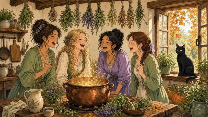 Bright comic of four laughing women around a sparkling copper pot in a sunny herb-filled kitchen with a black cat on the windowsill