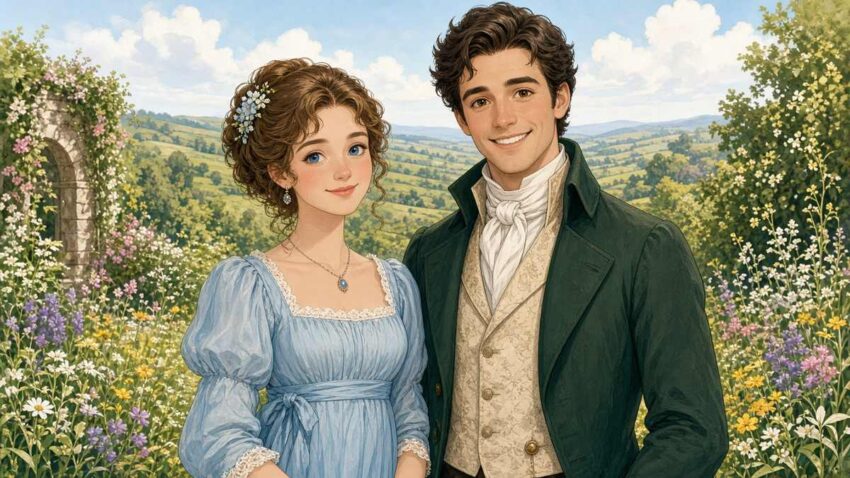 Bright comic illustration of a smiling fictional Regency-era couple facing the viewer in a sunny English wildflower meadow