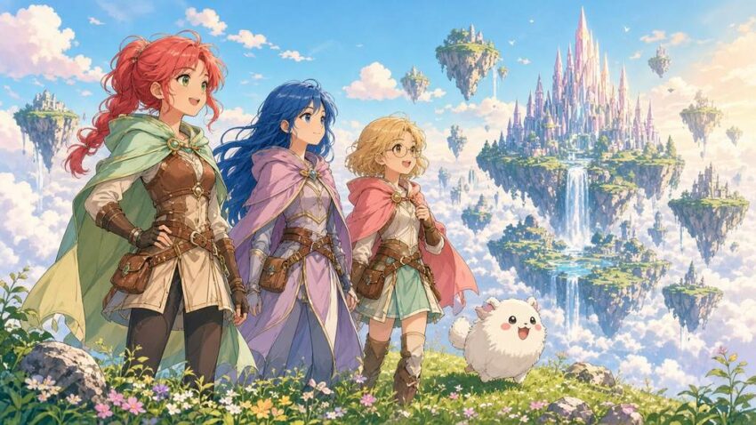 Bright comic illustration of three young fantasy adventurers looking at floating islands and a crystal castle
