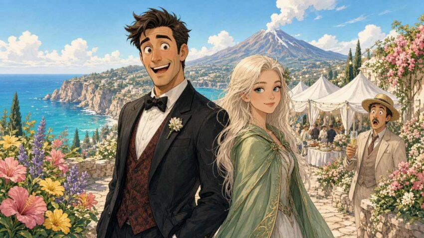 Bright comic illustration of a surprised cartoon action star in a tuxedo and a calm cloaked young woman at a sunny island garden party below a gently smoking volcano