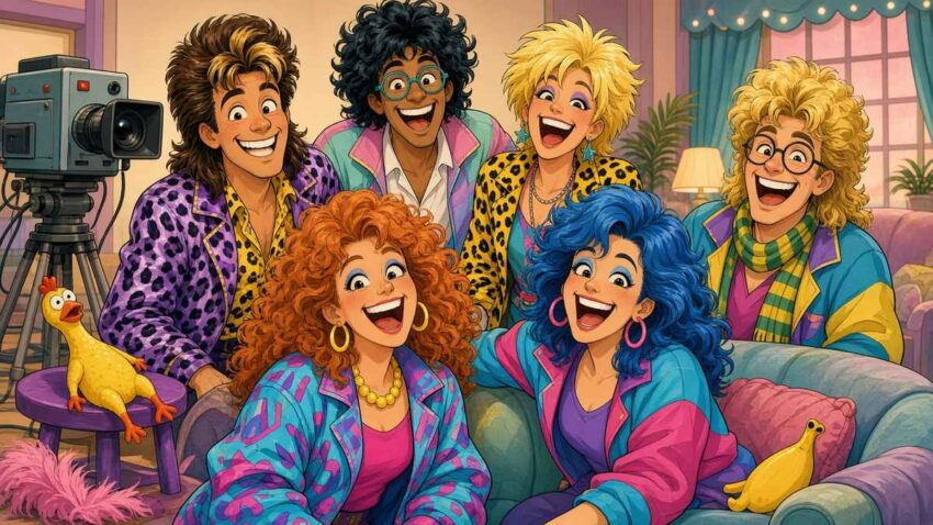Bright comic illustration of six smiling fictional comedians in colorful 1980s outfits facing the viewer in a retro TV studio