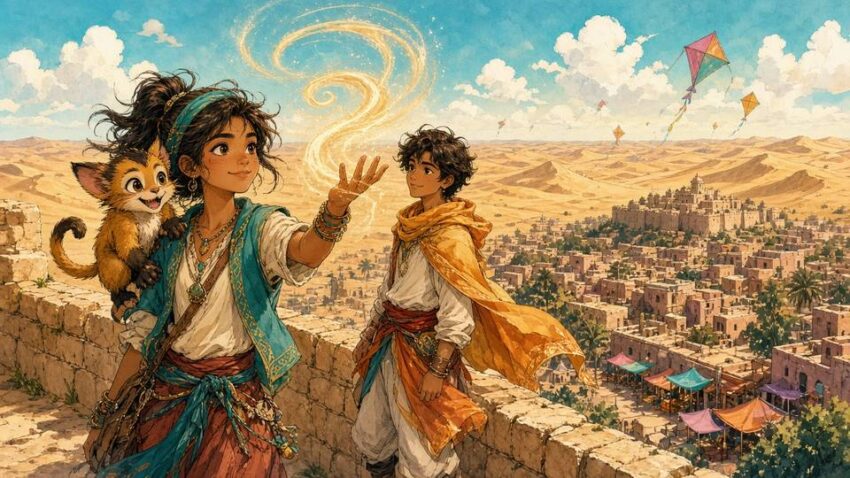 Bright comic illustration of a young girl with a cat-monkey companion on a sunlit desert city wall, a sand-and-wind spiral rising from her hand