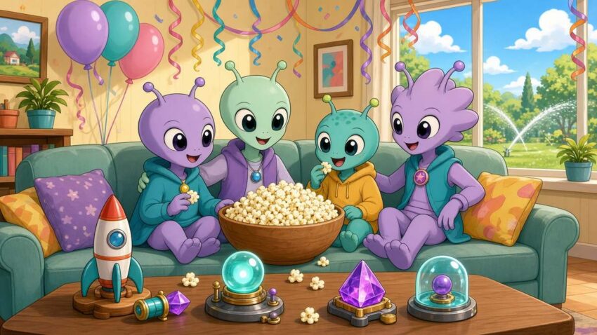 Cheerful comic illustration of a family of pastel cartoon aliens sharing popcorn on a couch at a suburban farewell party