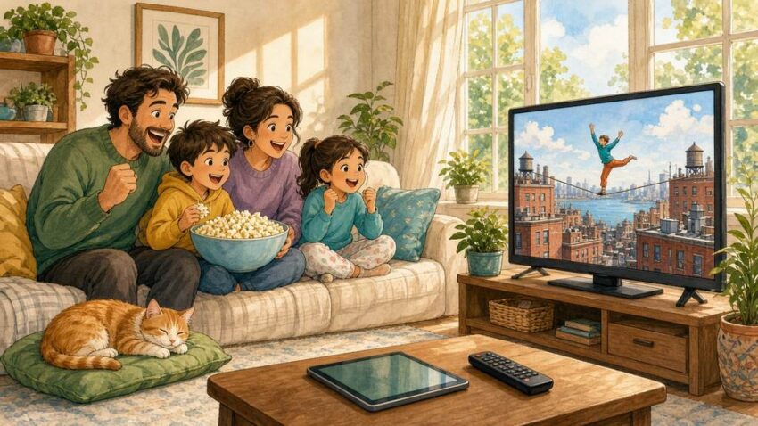 Cheerful comic illustration of a family watching a movie night at home