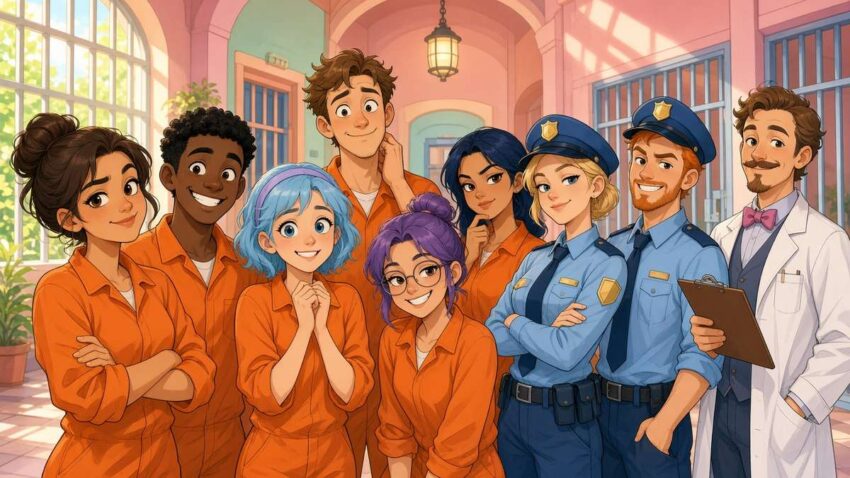 Bright comic illustration of smiling contestants in orange jumpsuits and blue guard uniforms with a lab-coat host in a sunny pastel prison set
