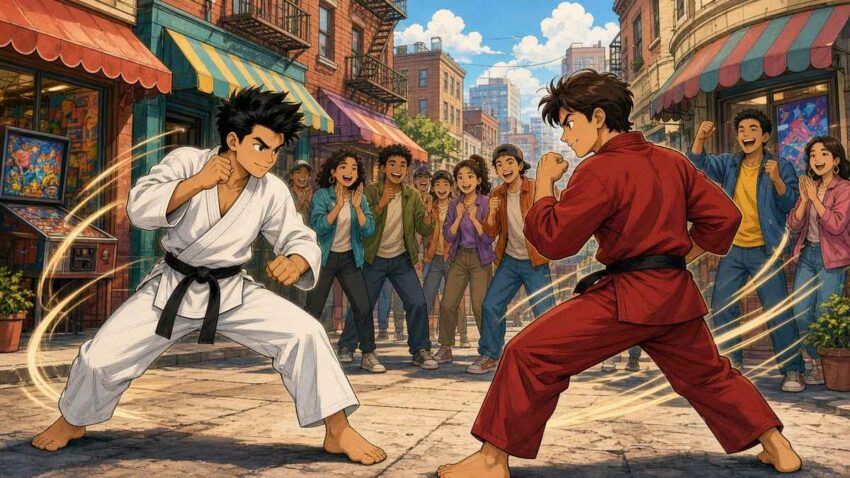 Bright comic of two martial artists in white and red training outfits squaring off on a sunny retro city street as friends cheer