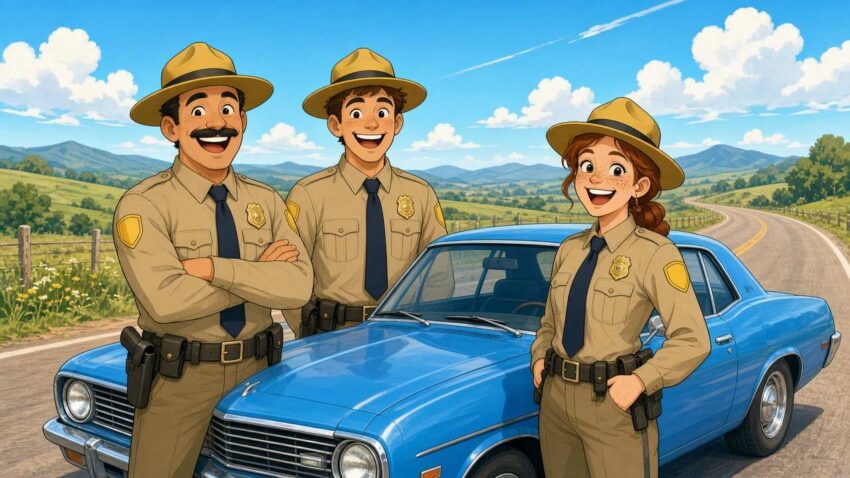 Cheerful comic illustration of three smiling fictional highway patrol officers facing the viewer beside a bright blue patrol car on a sunny rural road