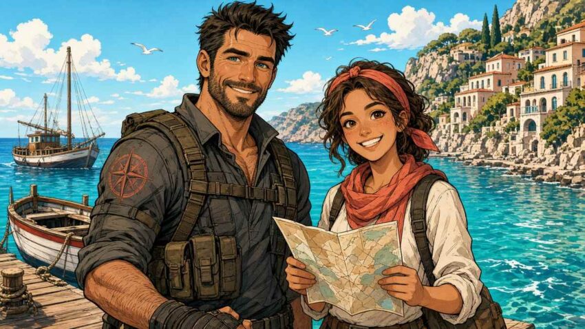 Bright comic illustration of a smiling bearded commando and a cheerful teammate with a map on a sunny Mediterranean harbor dock