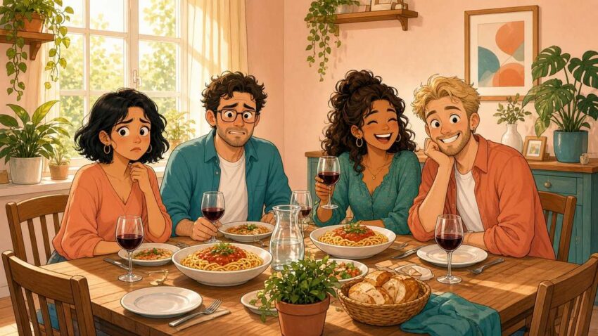 Bright comic illustration of two cartoon couples sharing pasta and wine at a sunlit dinner table, one pair looking awkward and the other grinning