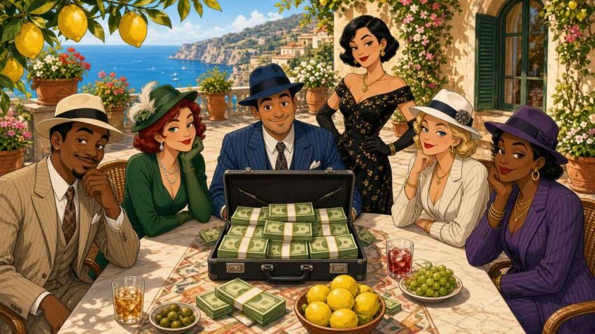 Bright comic illustration of fictional celebrities in retro gangster outfits around a table with a briefcase on a sunny Sicilian villa terrace