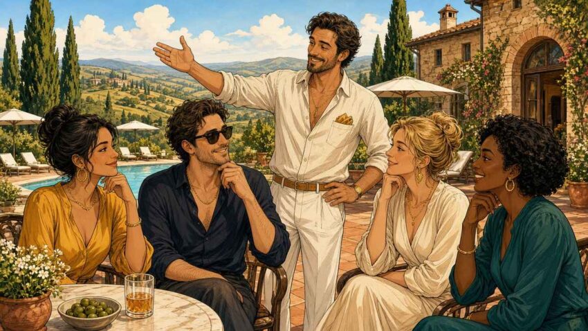 Bright comic of scheming guests at a sunny Tuscan villa terrace with cypress trees and warm daylight