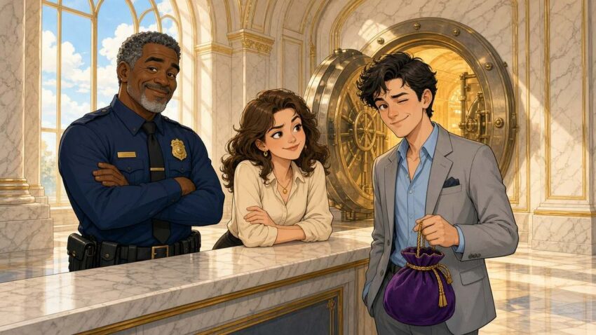 Cheerful comic illustration of a fictional security guard, bank teller and winking thief with a velvet bag in a sunny marble bank lobby with an open vault