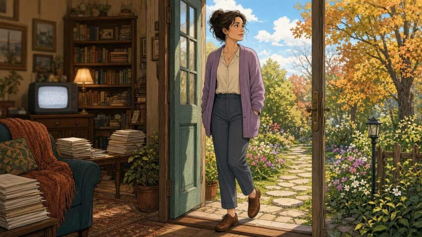 Bright comic illustration of a woman writer stepping out of her book-filled house onto a sunny autumn garden path