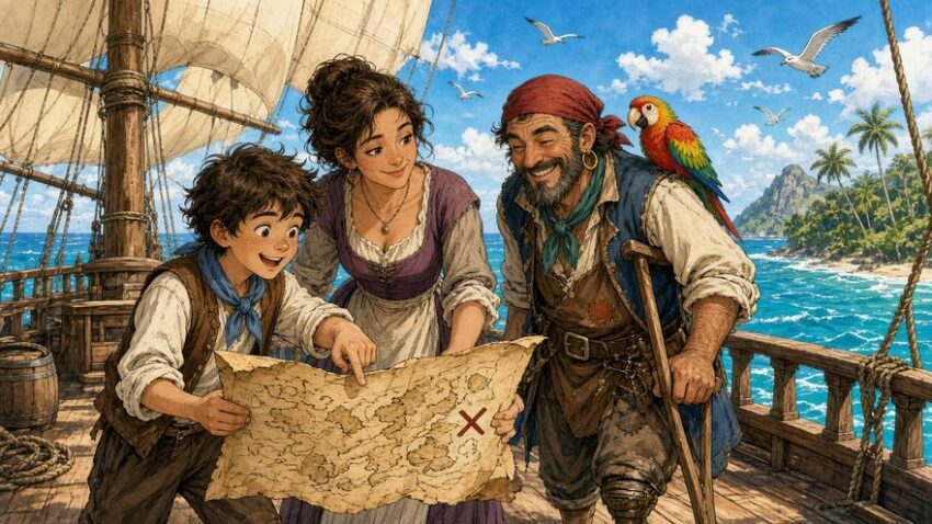 Sunny comic illustration of a boy, his mother and a cheerful pirate with a parrot studying a treasure map on a sailing ship deck