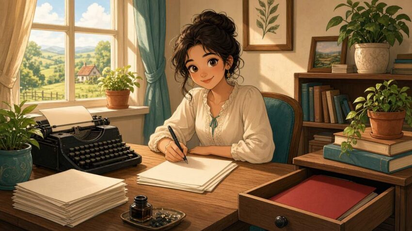 Bright comic illustration of a fictional young writer smiling at a sunny countryside desk with a typewriter and a mysterious red folder in a drawer